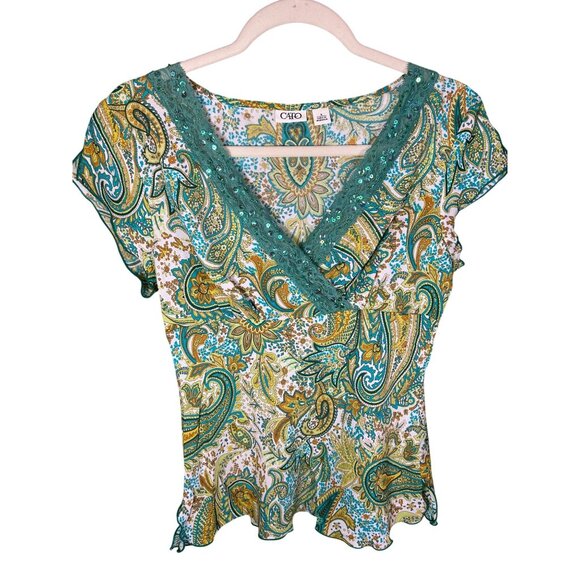 Cato Tops - Y2K Womens Small Babydoll Top Green Yellow Paisley Sequins Fairy Whimsy Cottage